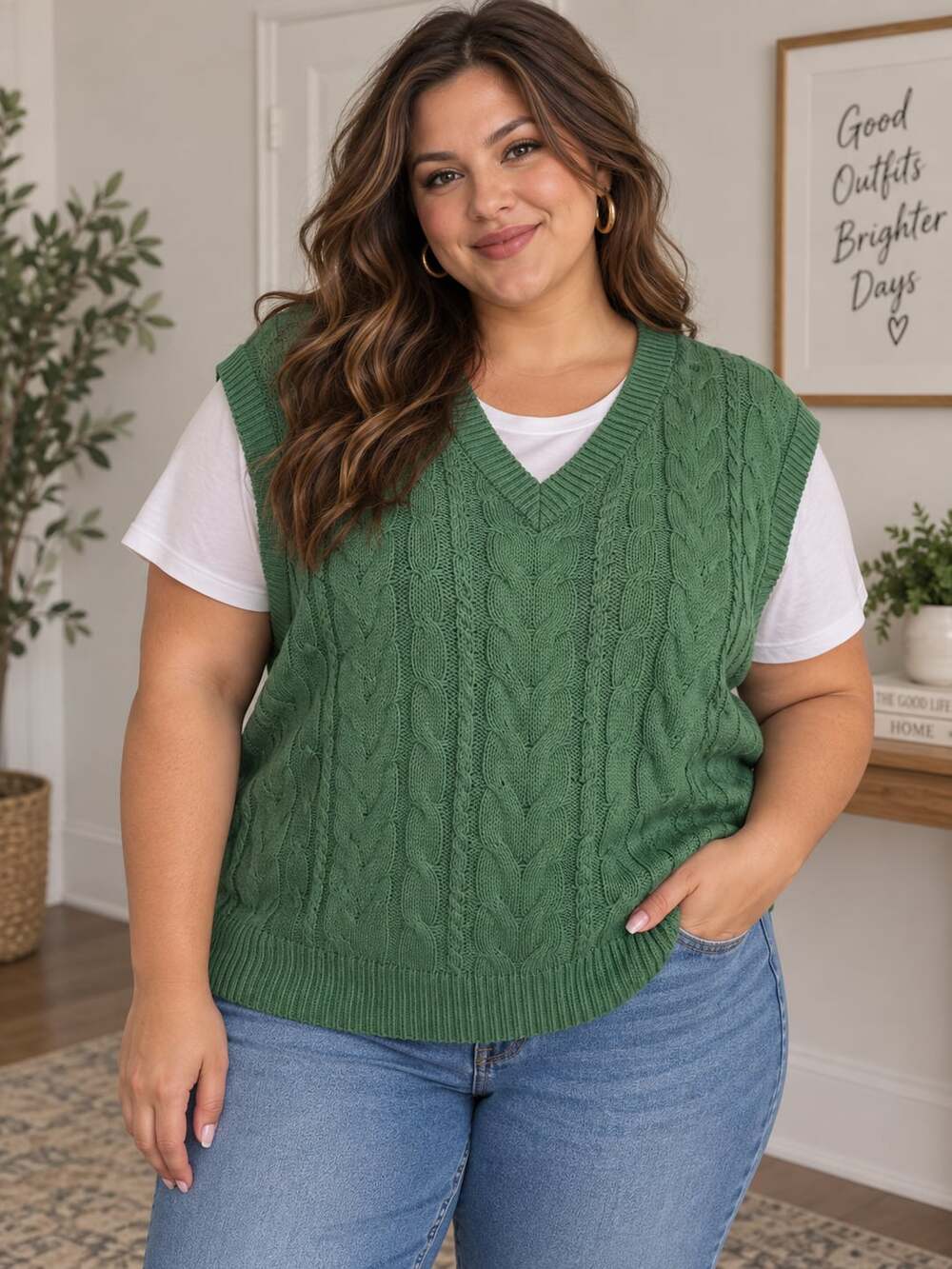 LuLaRoe Green Cable Knit V-Neck Sweater Vest